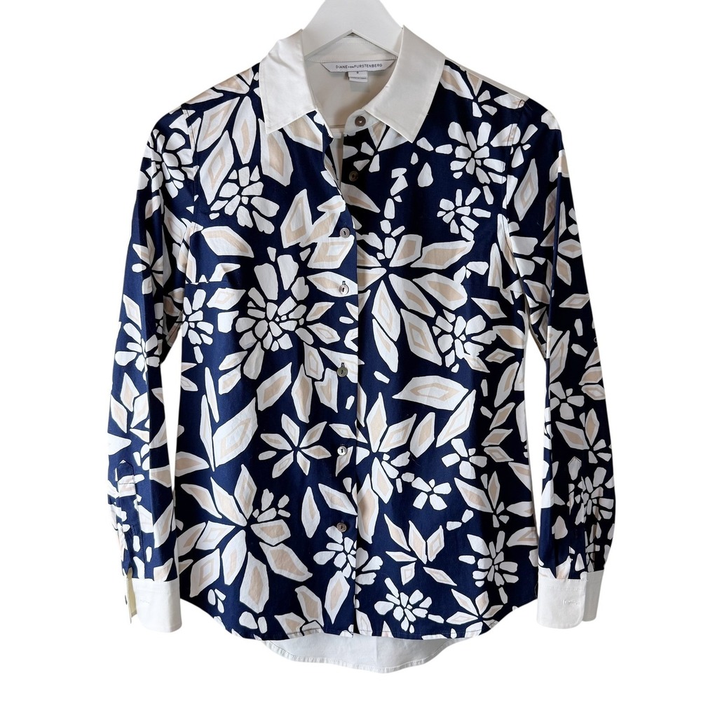 Diane vonā Furstenberg DVF Navy White Floral Geometric Button Down Shirt Size 0